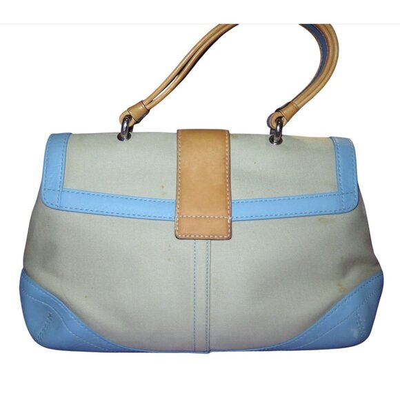 Coach 2004 Daisy Flap Hampton Cream Sateen & Blue and Tan Vachetta Leather - Picture 2 of 16